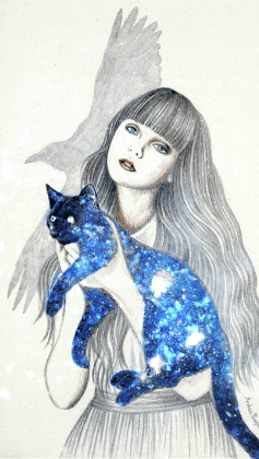 Анимация Девушка с волшебным котом в руках, гифка Девушка с волшебным котом в руках