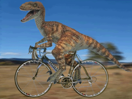 Анимация Динозавр несется вперед на велосипеде, гифка Динозавр несется вперед на велосипеде