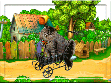 Анимация Кошка в коляске играет с бабочками, гифка Кошка в коляске играет с бабочками