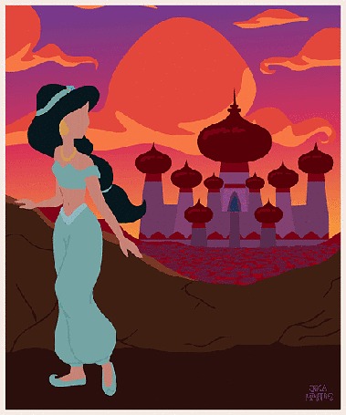 Анимация Принцесса Жасмин / Princess Jasmine на фоне восточного замка, мультфильм Алладин / Aladdin, автор арта Jeca Martinez