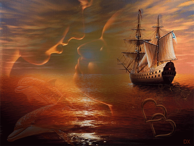 Анимация Влюбленная пара смотрят друг другу в глаза, на фоне заката, плывущего корабля и дельфинов (DX), гифка Влюбленная пара смотрят друг другу в глаза, на фоне заката, плывущего корабля и дельфинов (DX)