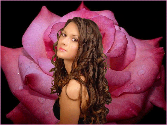 Анимация Девушка с длинными волосами на фоне розовой розы, гифка Девушка с длинными волосами на фоне розовой розы