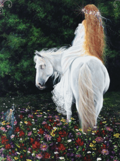 Анимация Девушка верхом на лошади, ее приветствует фея леса, гифка Девушка верхом на лошади, ее приветствует фея леса
