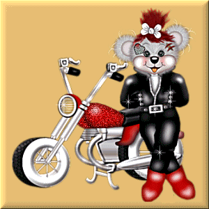 Анимация Мишка Тедди в черном костюме рокера стоит прислонившись к мотоциклу, гифка Мишка Тедди в черном костюме рокера стоит прислонившись к мотоциклу