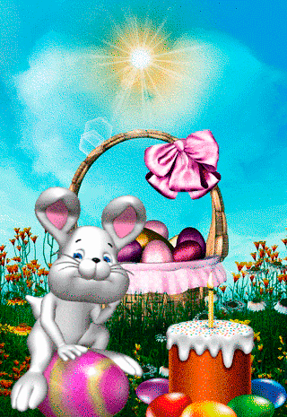 Анимация Кролик сидит на пасхальном яйце, рядом кулич с горящей свечой и корзина с пасхальными яйцами, светит солнце, гифка Кролик сидит на пасхальном яйце, рядом кулич с горящей свечой и корзина с пасхальными яйцами, светит солнце