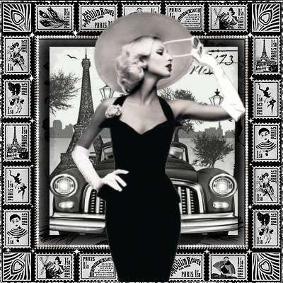 Анимация Девушка блондинка в шляпе и черном платье на фоне города Париж, гифка Девушка блондинка в шляпе и черном платье на фоне города Париж