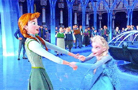 Анимация Эльза и Анна / Anna and Elsa катаются на коньках рядом с фонтаном, мультфильм Холодное Сердце / Frozen