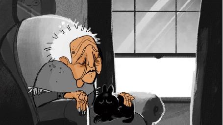 Анимация Старушка гладит черного кота, сидя в кресле