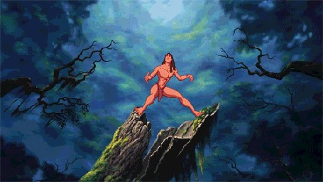 Анимация Тарзан ловит Джейн садясь на шпагат, из мультфильма Тарзан / Tarzan