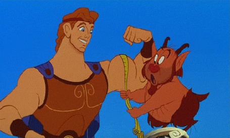Анимация Фил измеряет бицепс Геркулеса, из мультфильма Геркулес / Hercules