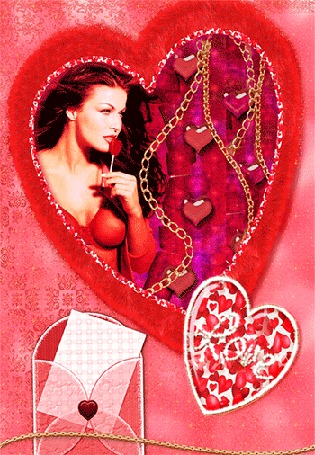 Анимация Девушка в рамке в форме сердечка с леденцом в руке