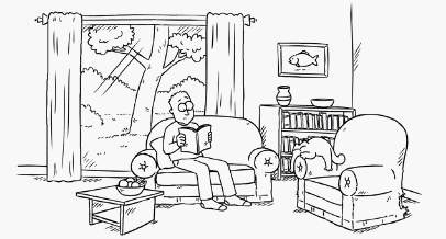 Анимация Внезапный приступ бешенства у кота, который проснулся, и начал носиться по дому, сбивая и круша все на своем пути, в то время, как хозяин читает книгу, мультфильм Simons Cat / Кот Саймона, гифка