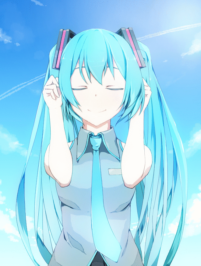 Анимация Вокалоид Хацунэ Мику / Vocaloid Hatsune Miku на фоне неба, гифка Вокалоид Хацунэ Мику / Vocaloid Hatsune Miku на фоне неба