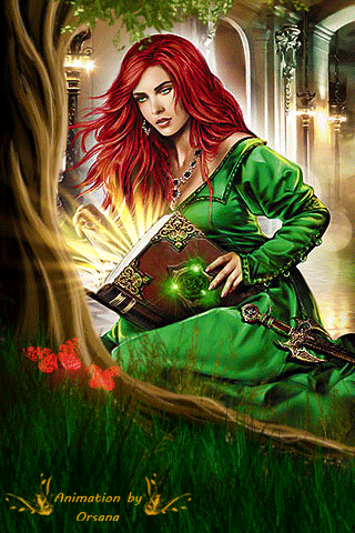Анимация Рыжеволосая девушка в зеленом платье держит магическую книгу в руках, by Orsana, гифка Рыжеволосая девушка в зеленом платье держит магическую книгу в руках, by Orsana