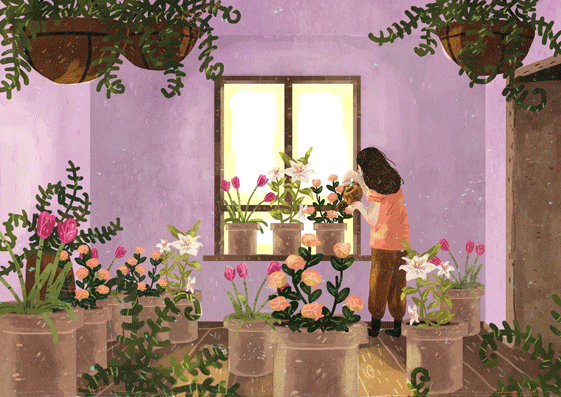 Анимация Девушка поливает цветы в горшках, by Manadhiel, гифка Девушка поливает цветы в горшках, by Manadhiel