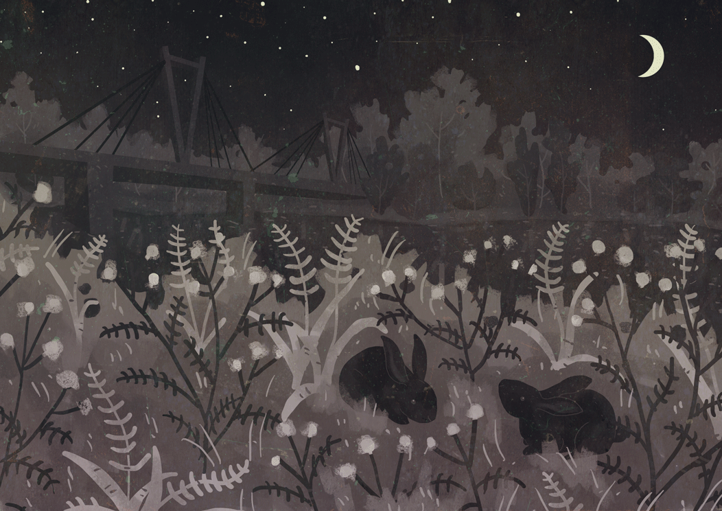 Анимация Два кролика сиядят в траве, на втором плане мчится ночной поезд по железнодорожному мосту, by Manadhiel, гифка Два кролика сиядят в траве, на втором плане мчится ночной поезд по железнодорожному мосту, by Manadhiel