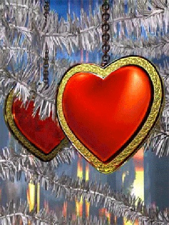 Анимация Две новогодние игрушки в виде красных сердечек на фоне мишуры