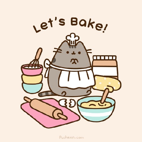 Анимация Pusheen the cat / Кот Пушин сидит, потирая лапки, рядом с кухонными принадлежностями и миской с тестом (Lets bake! / Давайте выпекать!)