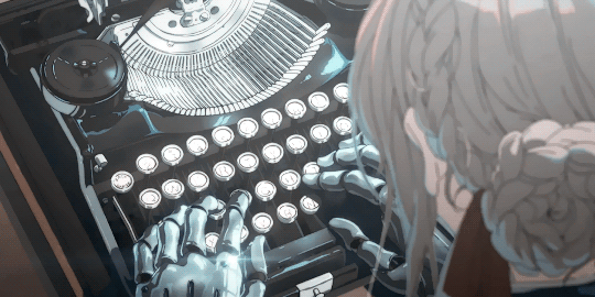 Анимация Violet Evergarden | девушка (кукла) печатает на пишущей машинке, гифка Violet Evergarden | девушка (кукла) печатает на пишущей машинке