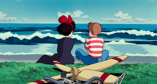 Анимация Кики сидит рядом с мальчиком у моря, Ведьмина служба доставки, гифка Кики сидит рядом с мальчиком у моря, Ведьмина служба доставки