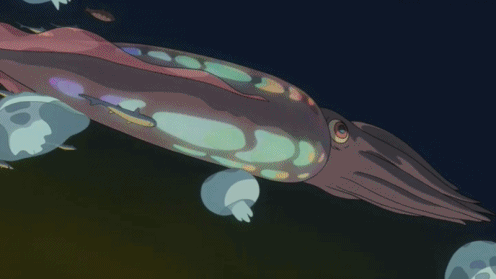 Анимация Огромный кальмар проплывает мимо медуз, гифка Огромный кальмар проплывает мимо медуз