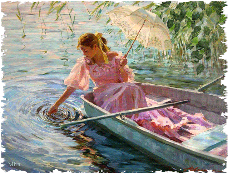 Анимация Девушка сидит в лодке и трогает воду рукой, гифка Девушка сидит в лодке и трогает воду рукой