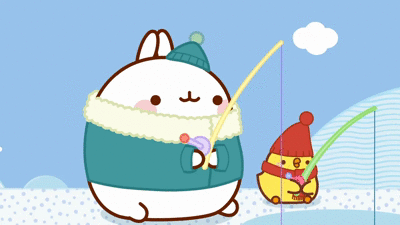 Анимация Molang rabbit / Кролик Моланг и цыпленок зимой ловят рыбу, гифка Molang rabbit / Кролик Моланг и цыпленок зимой ловят рыбу