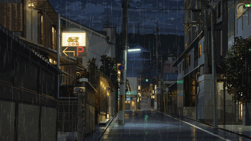 Анимация Улица под проливным дождем, аниме Denpa teki na Kanojo, гифка Улица под проливным дождем, аниме Denpa teki na Kanojo