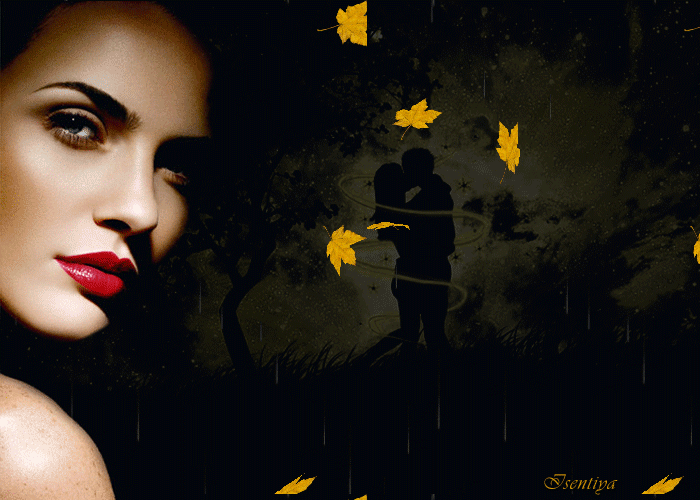 Анимация Красивая девушка на фоне влюбленной пары стоящей под дождем и падающими желтыми листьями, гифка Красивая девушка на фоне влюбленной пары стоящей под дождем и падающими желтыми листьями