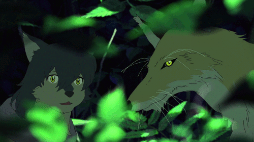 Анимация Волчонок и волк за листвой, аниме Wolf Children, гифка Волчонок и волк за листвой, аниме Wolf Children