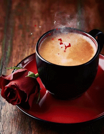 Анимация На блюдечке с красной розой стоит чашка дымящегося кофе, откуда с паром поднимаются красные сердечки, гифка На блюдечке с красной розой стоит чашка дымящегося кофе, откуда с паром поднимаются красные сердечки