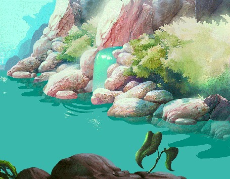 Анимация Горная речка и, впадающий в нее, небольшой водопад, by Moonshen
