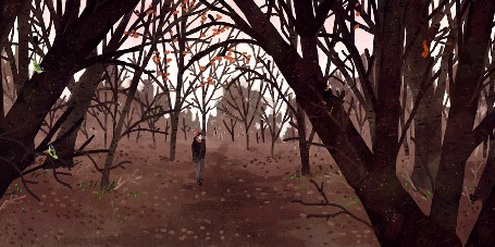 Анимация Парень стоит в осеннем лесу, by Manadhiel