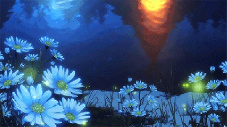 Анимация Ромашки у водоема, в котором отражаются дома