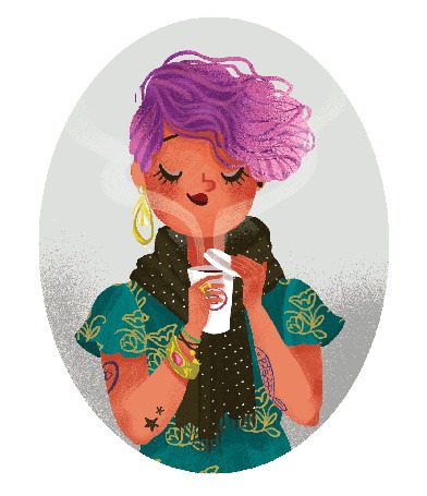Анимация Девушка держит стакан с кофе, из которого идет пар, by Giovana Medeiros