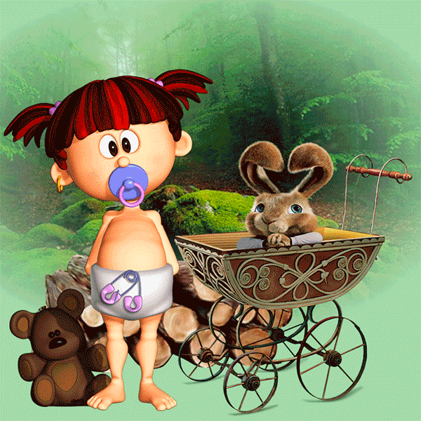 Анимация Девочка с разноцветными волосами, с пустышкой во рту, стоит у коляски, в которой сидит кролик, рядом плюшевый медвежонок на фоне леса, гифка Девочка с разноцветными волосами, с пустышкой во рту, стоит у коляски, в которой сидит кролик, рядом плюшевый медвежонок на фоне леса