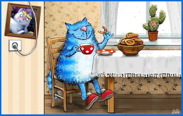 Гиф анимация Голубой кот сидит за столом в красных тапках и пьет чай с  бубликами, на стене висит портрет кошки, на подоконнике растет в горшке  кактус