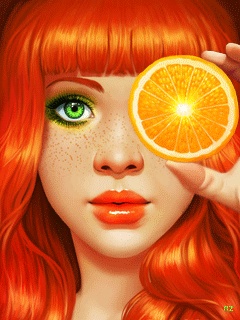 Анимация Рыжеволосая девушка с ярко-зелеными глазами закрывает глаз кружком апельсина, гифка Рыжеволосая девушка с ярко-зелеными глазами закрывает глаз кружком апельсина