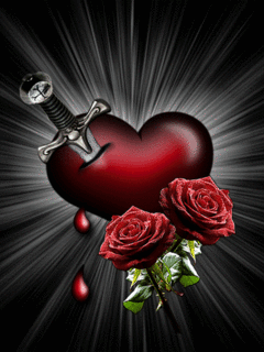 Анимация Сердце, пронзенное кинжалом, из раны капает кровь на фоне красных роз, гифка Сердце, пронзенное кинжалом, из раны капает кровь на фоне красных роз