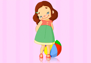 Анимация Девочка в зеленом платье, позади нее разноцветный мяч, гифка Девочка в зеленом платье, позади нее разноцветный мяч