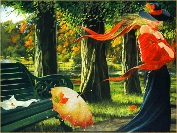 Анимация Девушка в шляпе с красной лентой покидает осенний парк, забыв возле скамейки свой зонтик, гифка Девушка в шляпе с красной лентой покидает осенний парк, забыв возле скамейки свой зонтик