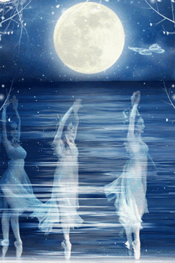 Анимация Танцующие балерины и летающая бабочка на фоне воды и луны, гифка Танцующие балерины и летающая бабочка на фоне воды и луны