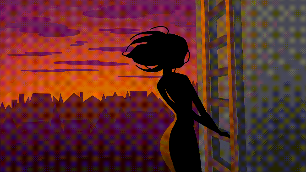 Анимация Девушка с развевающимися волосами стоит у лестницы на фоне города, гифка Девушка с развевающимися волосами стоит у лестницы на фоне города