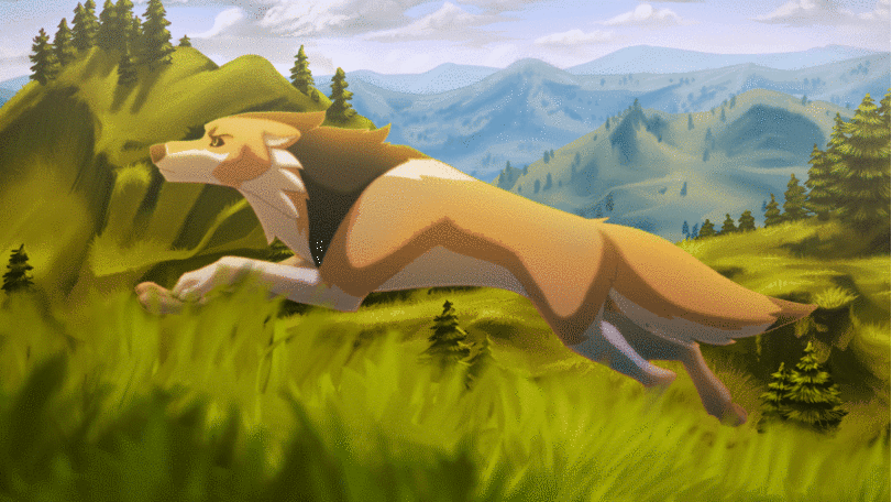 Анимация Бегущий волк по зеленой траве, гифка Бегущий волк по зеленой траве