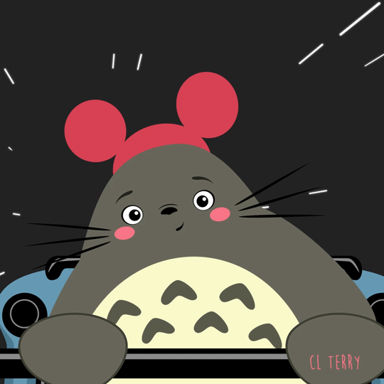 Анимация Totoro / Тоторо из аниме Tonari no Totoro / Мой сосед Тоторо, by CL Terry, в шляпке с ушами Микки Мауса мчится по американской горки, гифка Totoro / Тоторо из аниме Tonari no Totoro / Мой сосед Тоторо, by CL Terry, в шляпке с ушами Микки Мауса мчится по американской горки