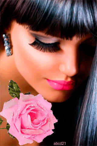 Анимация Девушка с черными волосами на фоне розовой розы, by abcd21, гифка Девушка с черными волосами на фоне розовой розы, by abcd21