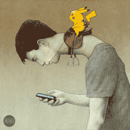 Анимация Парень с телефоном и на шее у него сидит Pikachu / Пикачу, покемон оседлал игрока, гифка Парень с телефоном и на шее у него сидит Pikachu / Пикачу, покемон оседлал игрока