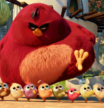 Анимация Смешная птица Ред (Red) из мультфильма Angry Birds танцует с птенцами, как сумоист топает ногой аж цыплята подпрыгивают, гифка Смешная птица Ред (Red) из мультфильма Angry Birds танцует с птенцами, как сумоист топает ногой аж цыплята подпрыгивают
