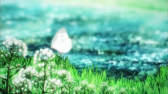 Анимация Бабочка сидит на цветке на поляне перед рекой, гифка Бабочка сидит на цветке на поляне перед рекой