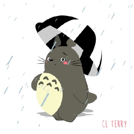 Анимация Totoro / Тоторо из аниме Tonari no Totoro / Мой сосед Тоторо, by CL Terry, идет в дождь под зонтом